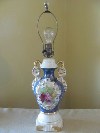 Vtg Ceramic Urn Style Iridescent Table Lamp W Floral Center Gold Accents