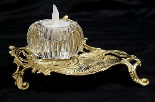 Virginia Metalcrafters Brass Inkwell Stand With Waterford Crystal Candle Holder