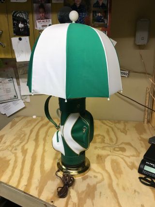 Vintage Golf Bag Table Lamp Green White Umbrella Shade - Euc