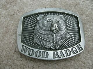 Vtg Bsa Boy Scouts Pewter Bear Wood Badge Belt Buckle Solid Pewter 2.  75 " Wide
