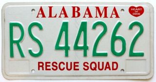 Alabama Rescue Squad License Plate,  Rs 44262,  Ambulance,  Emt,  Firefighter