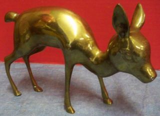 Vintage Small Deer Fawn Solid Brass Figurine Crouching 9 1/2 " L 6 " H Mid Century