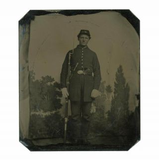 1/6 Plate Civil War Tintype of Triple Armed Union Soldier - Musket,  Colt,  Knife 2