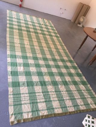 Vintage Wool Striped Plaid Blanket Double Extra Long Green Cream 161 " X 70 " Wow