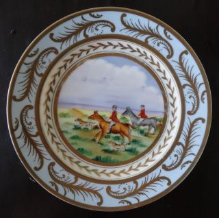Antique Unusual Porcelain Wall Plate Hand Painted Hunting Scene Horses