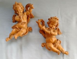 Set Of Two Cherubs Vintage Hand Carved Playing Horn And Trumpet