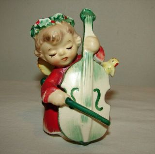 Vintage Lefton Christmas Angel Playing Cello With Bird Figurine