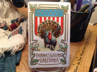 Vintage Patriotic Thanksgiving Postcard Turkey W/ Knife Fork In Back,  Big Shield