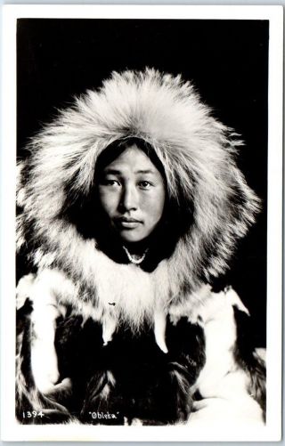 1950s Alaska Rppc Postcard " Obleka " Eskimo Indian Woman Fur Parka Johnston Photo