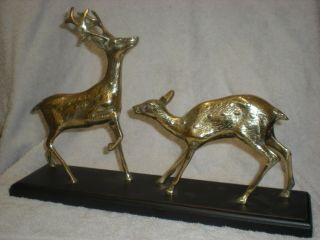 Vintage Brass Deer Figurines Buck And Doe Mounted On Wood Base