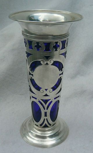 Antique 7 " Sterling Silver Cut Work Trumpet Vase,  Cobalt Glass Insert C.  1910