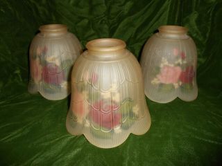 Three Matching Ribbed Opaque Glass Reverse Painted Roses Lamp Shades Signed