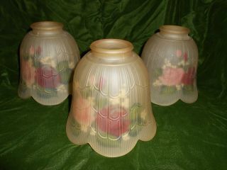 Three Matching Ribbed Opaque Glass Reverse Painted Roses Lamp Shades Signed 2