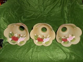 Three Matching Ribbed Opaque Glass Reverse Painted Roses Lamp Shades Signed 3