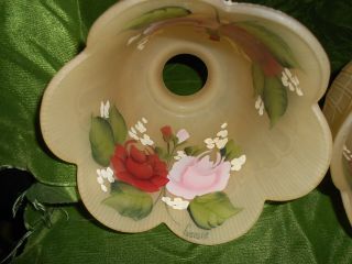 Three Matching Ribbed Opaque Glass Reverse Painted Roses Lamp Shades Signed 5