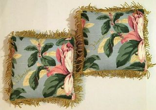 Vintage Tropical Kitch Floral Bark Cloth Throw Pillow Gold Cord Fringe - Set Of 2