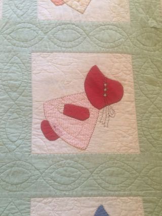 Vtg Hand Stitched Sunbonnet Sue Handmade Embroidered Quilt 90” X 76” Antique? 4