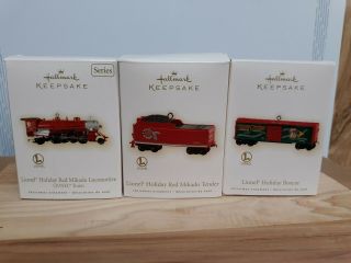 3 Hallmark Lionel Ornaments Red Mikado Locomotive Tender Boxcar