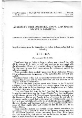 Agreement Of Comanche,  Kiowa & Apache Indians In Oklahoma Territory