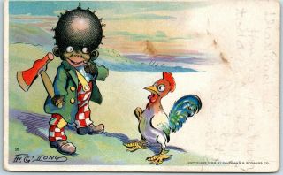 Black Americana Postcard Artist - Signed F.  C.  Long Black Boy W/ Ax & Chicken 1900s