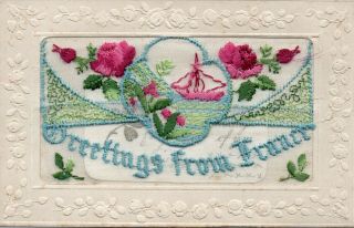 Greetings From France: Sailing Scene: Ww1 Embroidered Silk Postcard