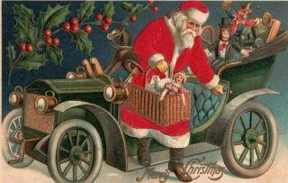 Silk Santa Claus In Car Toy Basket Monkey Doll Antique Christmas Postcard - C829