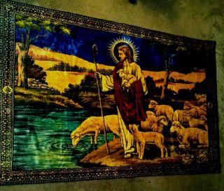 Vintage Religious Jesus With Sheep Tapestry Large Vivid Colors 50 " 75 " Christian