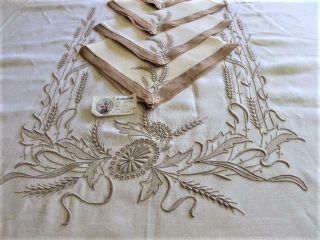 Marghab Wheat Pattern Linen & Margandie Organdy Tablecloth & 12 Napkins