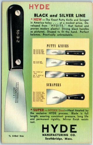 1940s Southbridge,  Ma Adv.  Postcard Hyde Mfg.  Co.  Putty Knives & Scrapers Linen