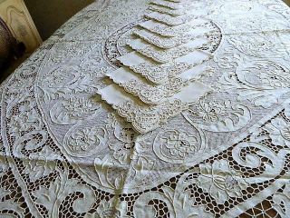 Cream Linen Embroidered Needlelace Cutwork 102 " Tablecloth 12 Napkins