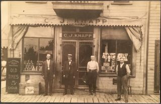 Real Photo Rppc C.  J.  Knapp Drug & Grocery Store Old Times Cigar Sign