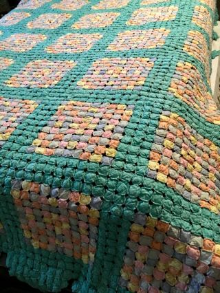 Vintage Yoyo Quilt,  Multi - Color,  Coverlet,  Hand Sewn,  Queen 85” X 95”