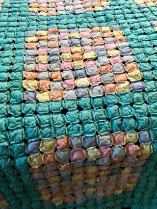 Vintage YoYo Quilt,  Multi - color,  Coverlet,  Hand Sewn,  Queen 85” x 95” 3