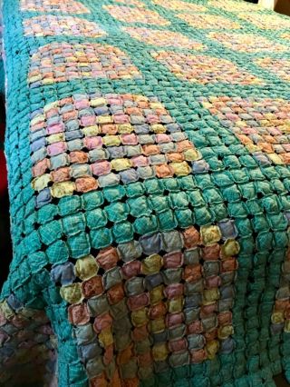 Vintage YoYo Quilt,  Multi - color,  Coverlet,  Hand Sewn,  Queen 85” x 95” 4