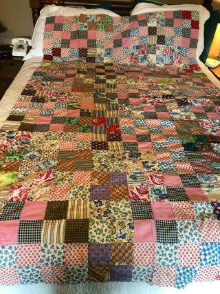Vintage Hand Stitched Quilt Top 3 " Square Block Pattern 80 " X 48 " Vtg Fabrics 1