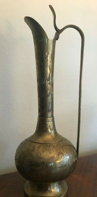 Vintage Brass India World Gift Engraved 10 " Pitcher With Serpent Handle
