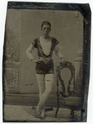 Circus Acrobat Trapeze Man In Leotard Tights & Ballet Slippers Tintype