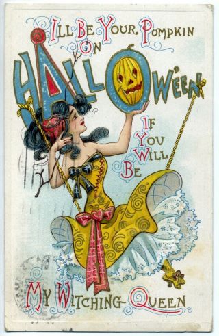 Halloween Postcard Embossed Dwig Drawing Woman Sits On Swing With Pumpkin 1910