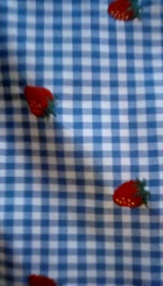 Vintage Strawberry Flocked Blue Plaid Cotton Fabric 42 X 55