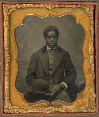 African American Black Man Holds Vintage Derby Hat Tintype In A Case