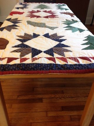 Hand Stitched Vintage Quilt,  Adirondaks Elk,  Bear Pine Trees,  85 X 65 " (queen)