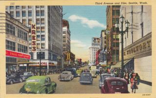 Third Ave And Pike Seattle Washington Linen Postcard 1943