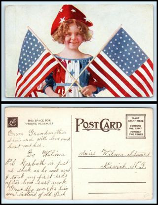 Early Postcard - Patriotic,  Young Girl Holding United States Flags - N29