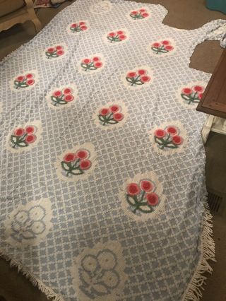 Sweet Blue And Pink Floral Vintage Chenille Bedspread Cutter 3