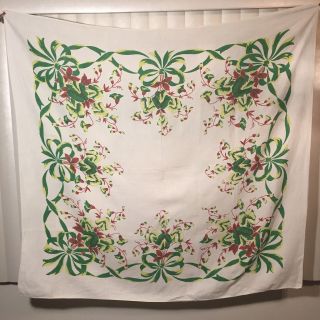 Vintage 50s Flowers Floral Print Cotton Kitchen Tablecloth Red Green Chartreuse