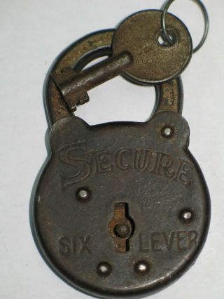 Vintage Secure Six Levers Padlock With Key Made In Usa