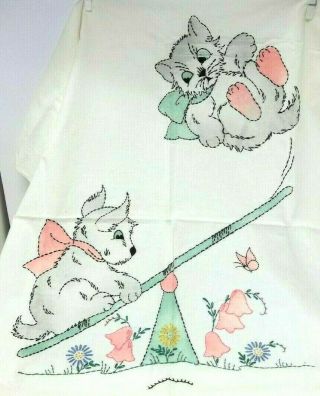 Vtg Embroidered Stitched Baby Crib Bed Sheet Cover Cat Dog Teeter Totter See Saw
