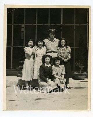1950s B/w Photo Itazuke Air Force Base Japan Military Man With Japanese Ladies