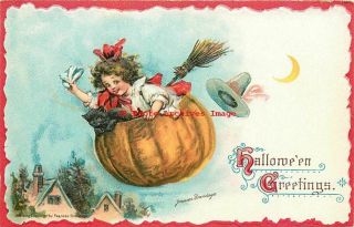 Halloween,  Gabriel No 121 - 5,  Frances Brundage,  Witch & Black Cat Flying Pumpkin