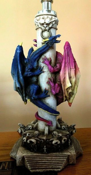 Dragon Lamp With Flaming Bulb Gothic Two Dragons Blue & Purple Beige Stand